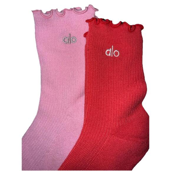 New 2 Pr. ALO Curly Lettuce Edge/Ruffled Socks Pink Watermelon Red M Valentines - Picture 2 of 5